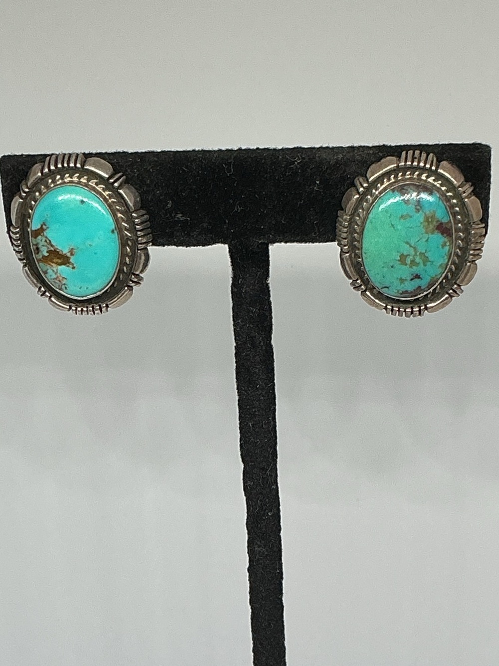 Vintage Southwestern Sterling Silver Turquoise Post Earrings, Oval Cabochons - Picture 2 of 7